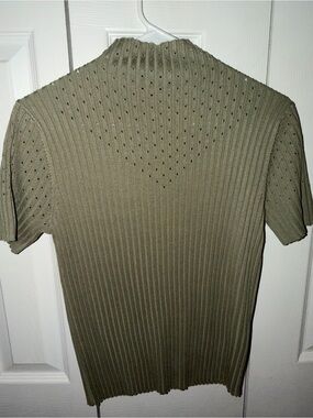 Ribbed Open-Knit Short Sleeve Top - Olive Green